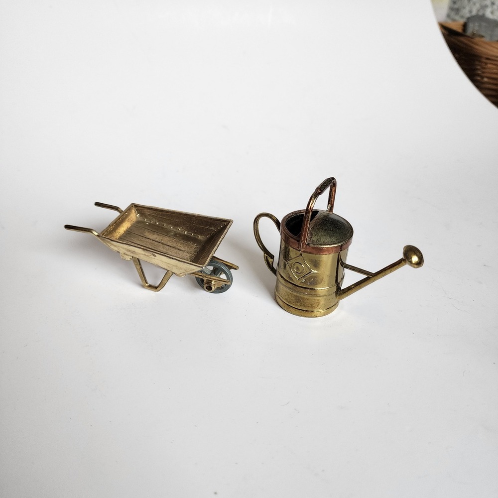 Miniature Brass Watering Can & Wheelbarrow Garden Decor Set Collectible